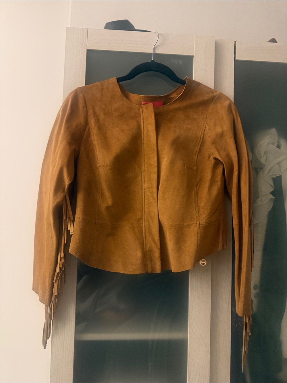 Tracy Reese Cognac Suede Fringe Open-Front Jacket